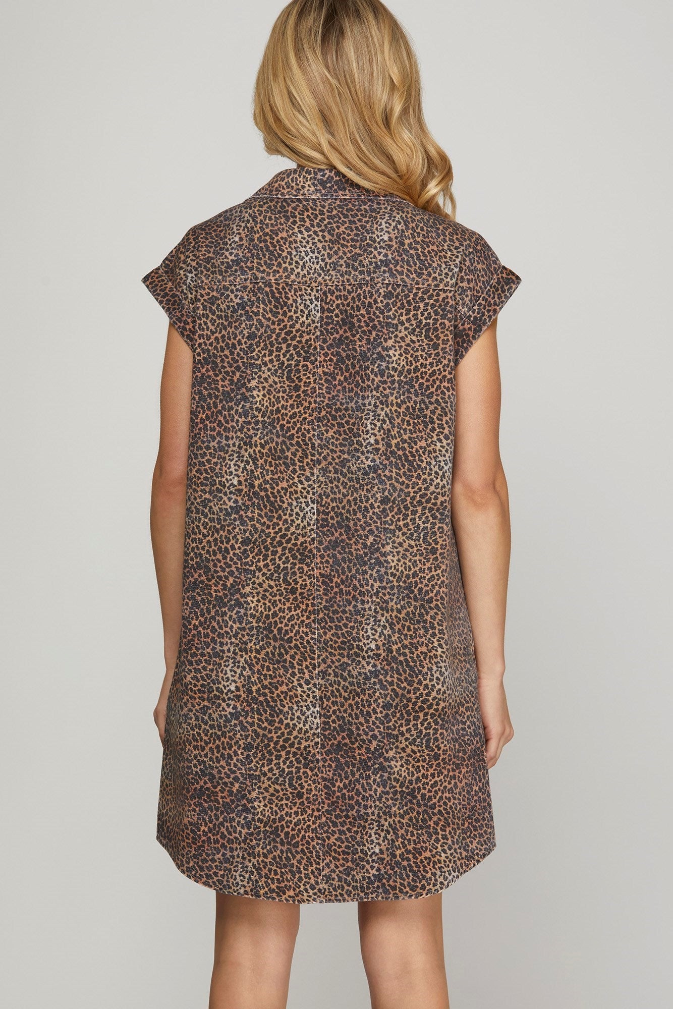 Short Sleeve Leopard Twill Washed Shirt Dress Brown