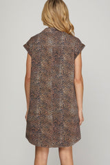 Short Sleeve Leopard Twill Washed Shirt Dress Brown