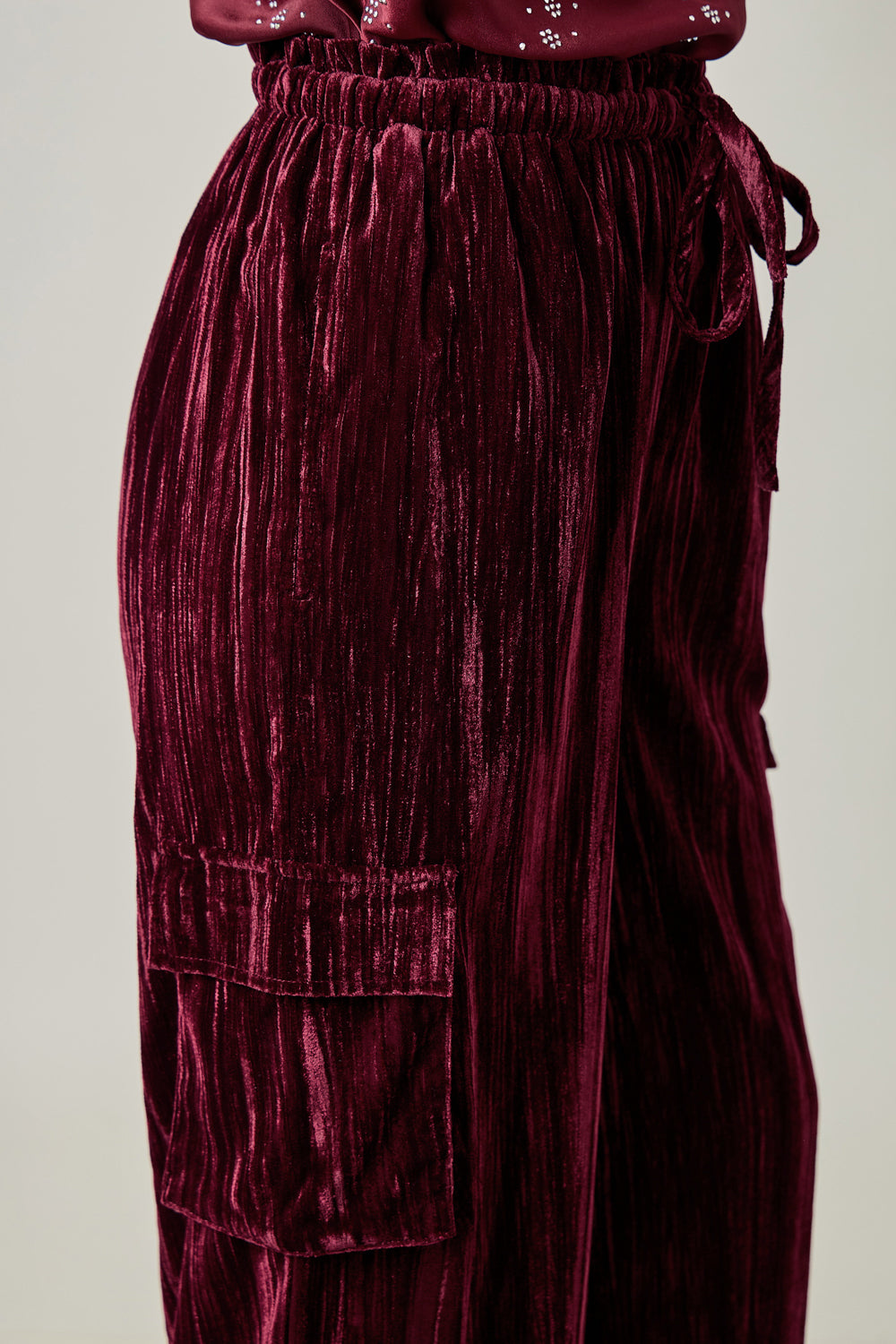 Velvet Wide Leg Cargo Pants Wine