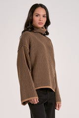 Turtleneck Textured Stripe Bell Sleeve Sweater Tan + Black