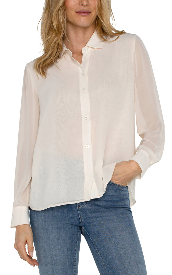 Pleat Back Button Up Long Sleeve Shirt Cream