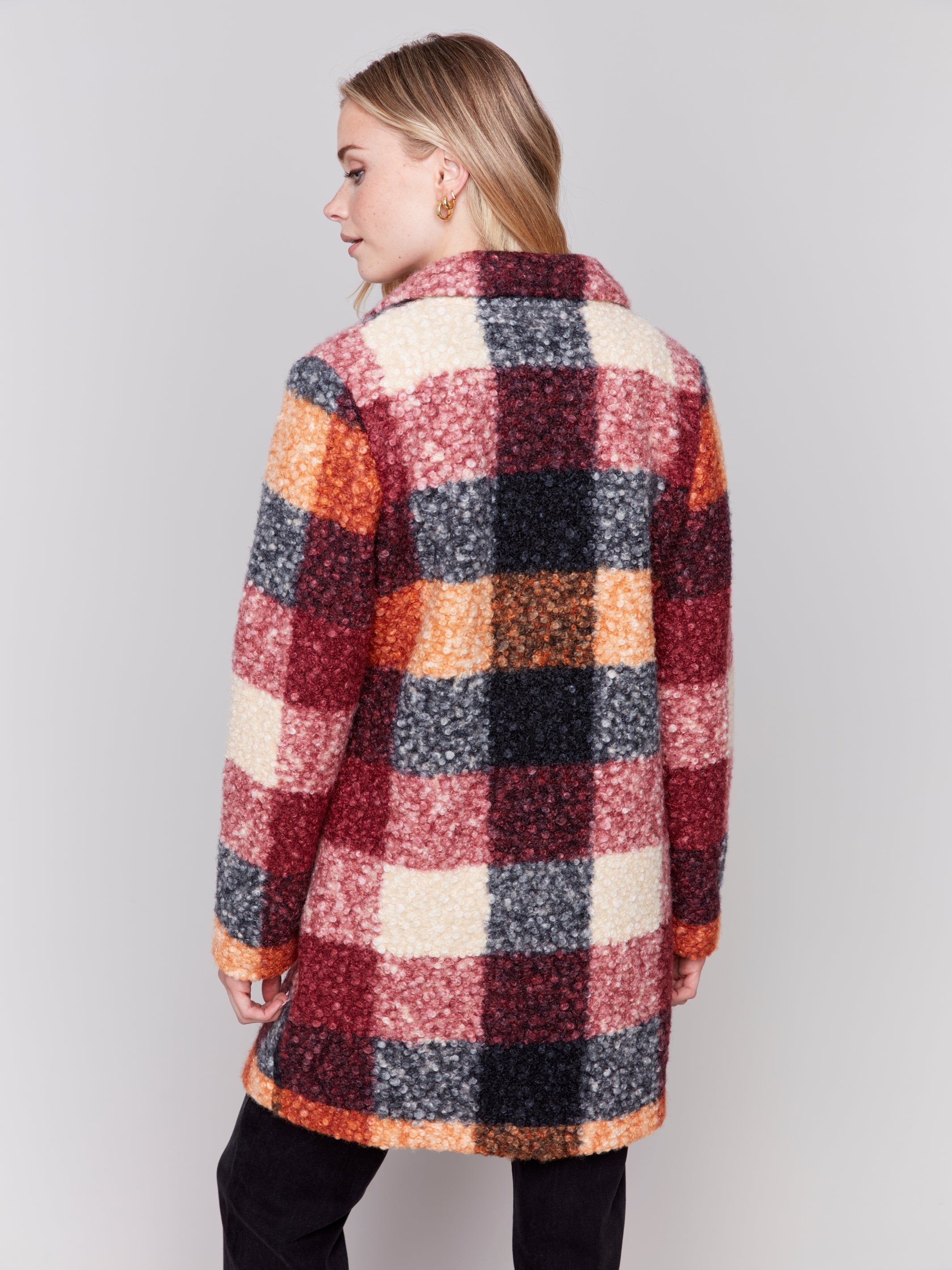 Plaid Boucle Knit Coat Cabernet
