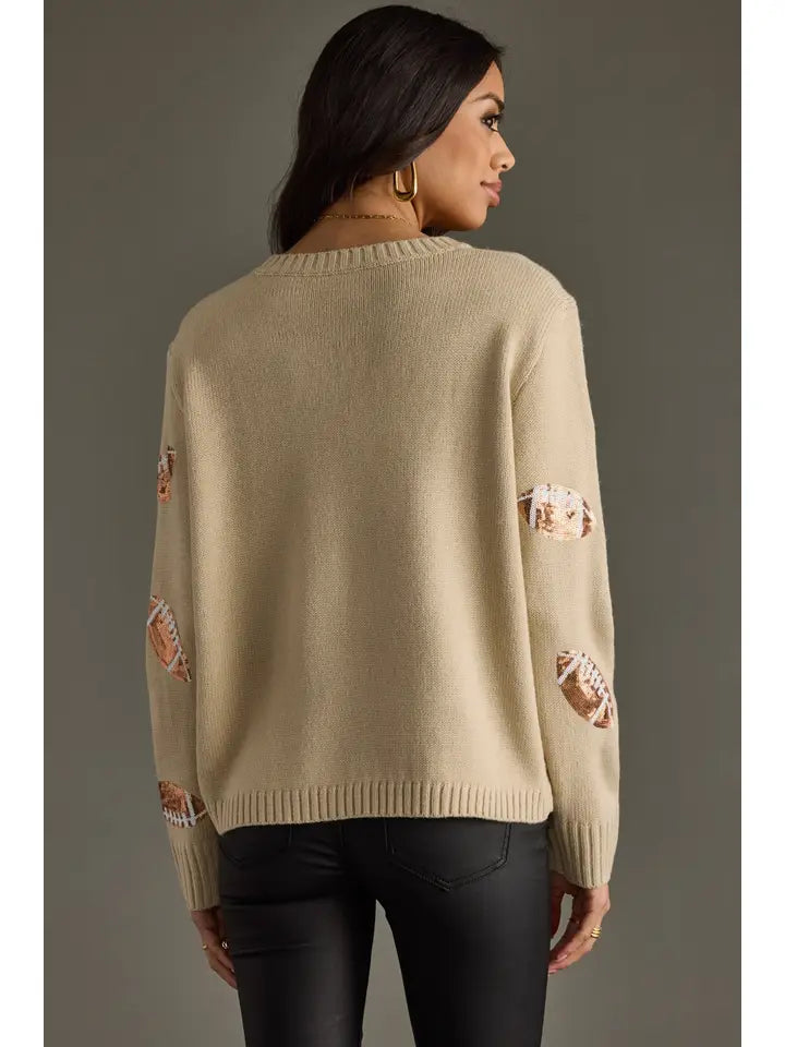 Sequin Football Sweater Tan