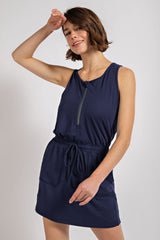 Sleeveless Cinched Drawstring Waist Half Zip Romper Dress Navy