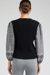 Printed Border Sleeve Cable Sweater Combo Top Black