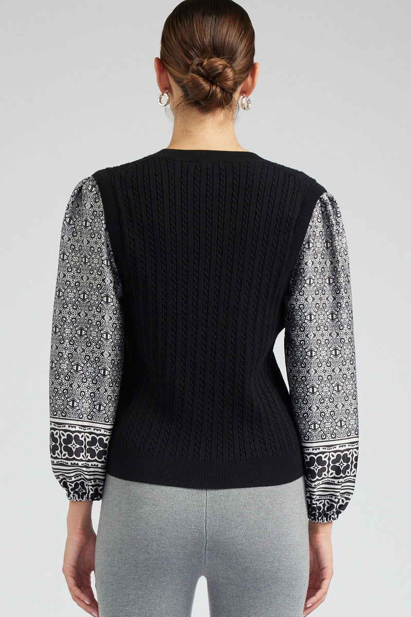 Printed Border Sleeve Cable Sweater Combo Top Black