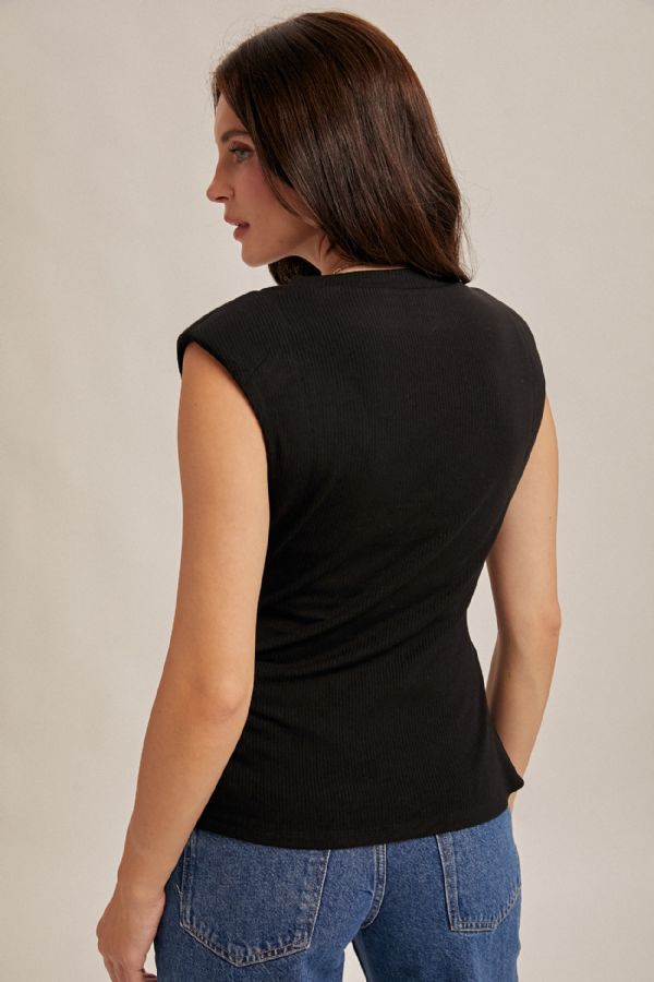 Ribbed Asymmetrical Pleated Top Black