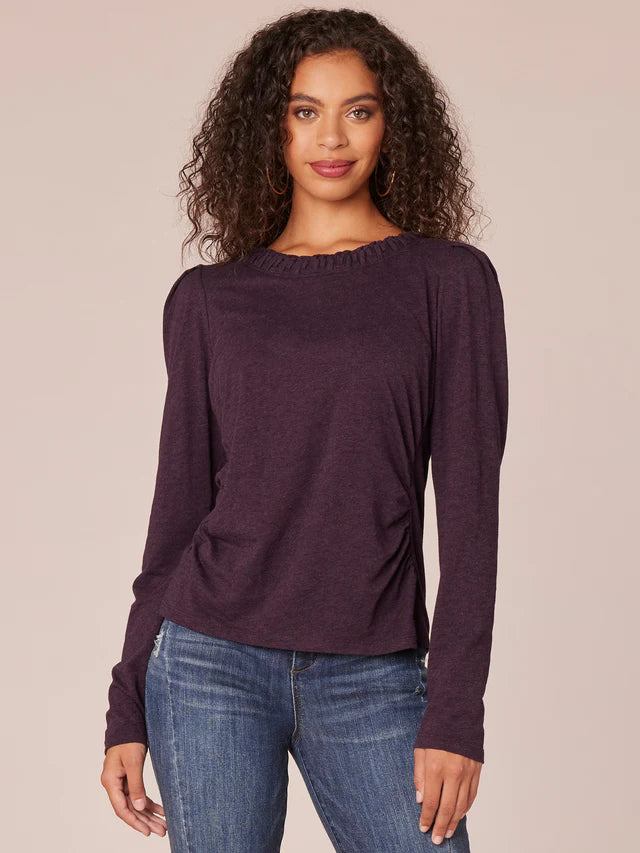 Soutache Side Ruched Long Sleeve Top Heather Concord Grape