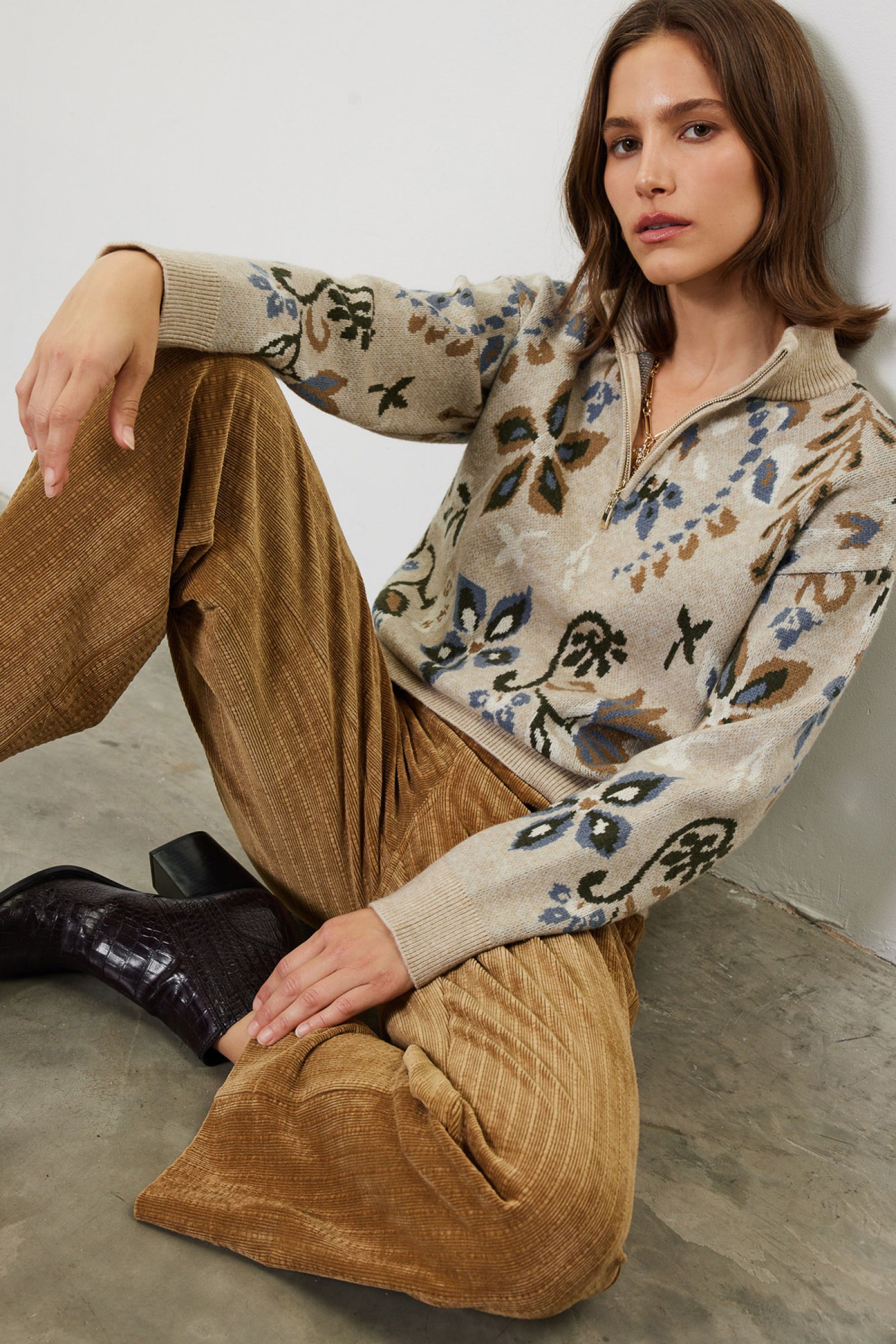 Floral Knit 1/4 Zip Pullover Sweater Barley Multi