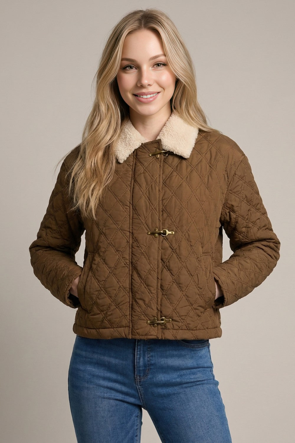 Shearling Collar Quilted Horsebit Button Jacket Brown