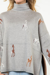 Horse Print Turtleneck Sweater Heather Grey