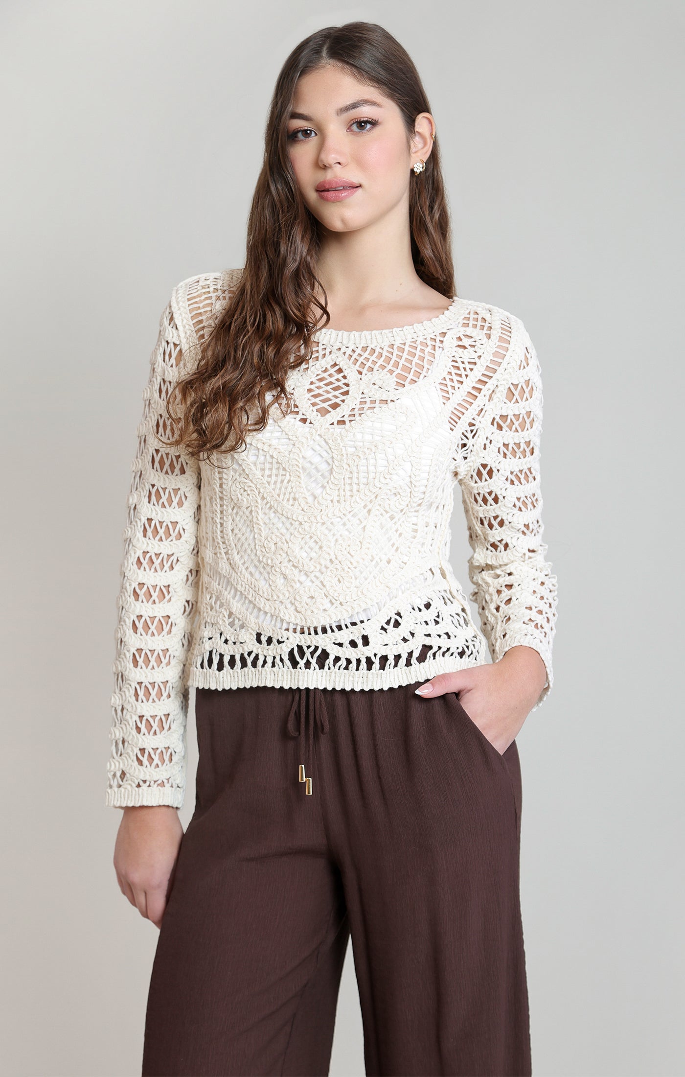 Buttoned Back Crochet Long Sleeve Top Whitecap Grey