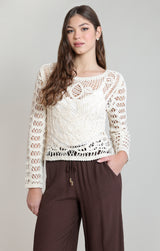 Buttoned Back Crochet Long Sleeve Top Whitecap Grey