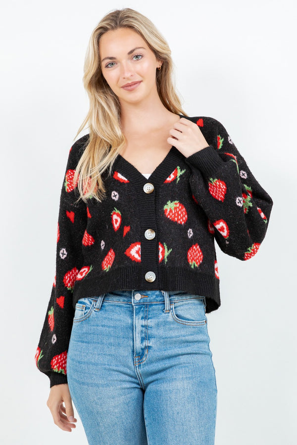 Strawberries Buttoned Sweater Cardi Black