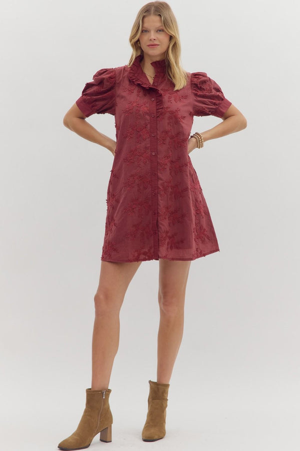 Stitched Floral Applique Button Down Dress Camel