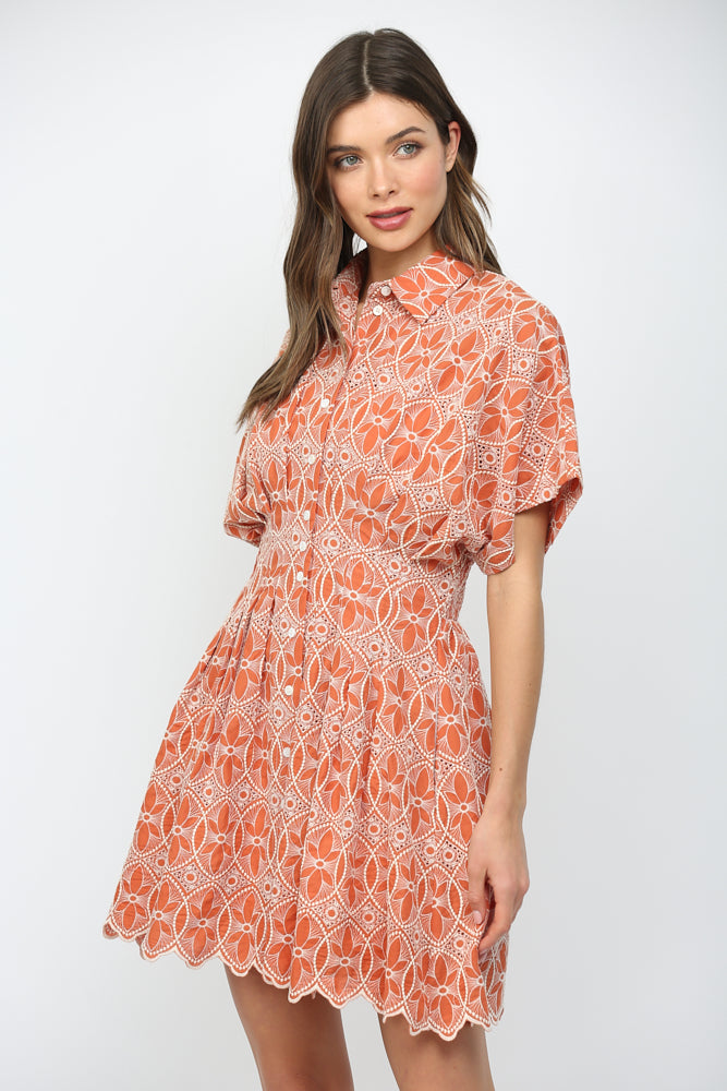 Embroidered Scallop Hem Button Down Mini Dress Clay