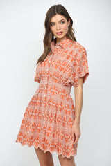 Embroidered Scallop Hem Button Down Mini Dress Clay