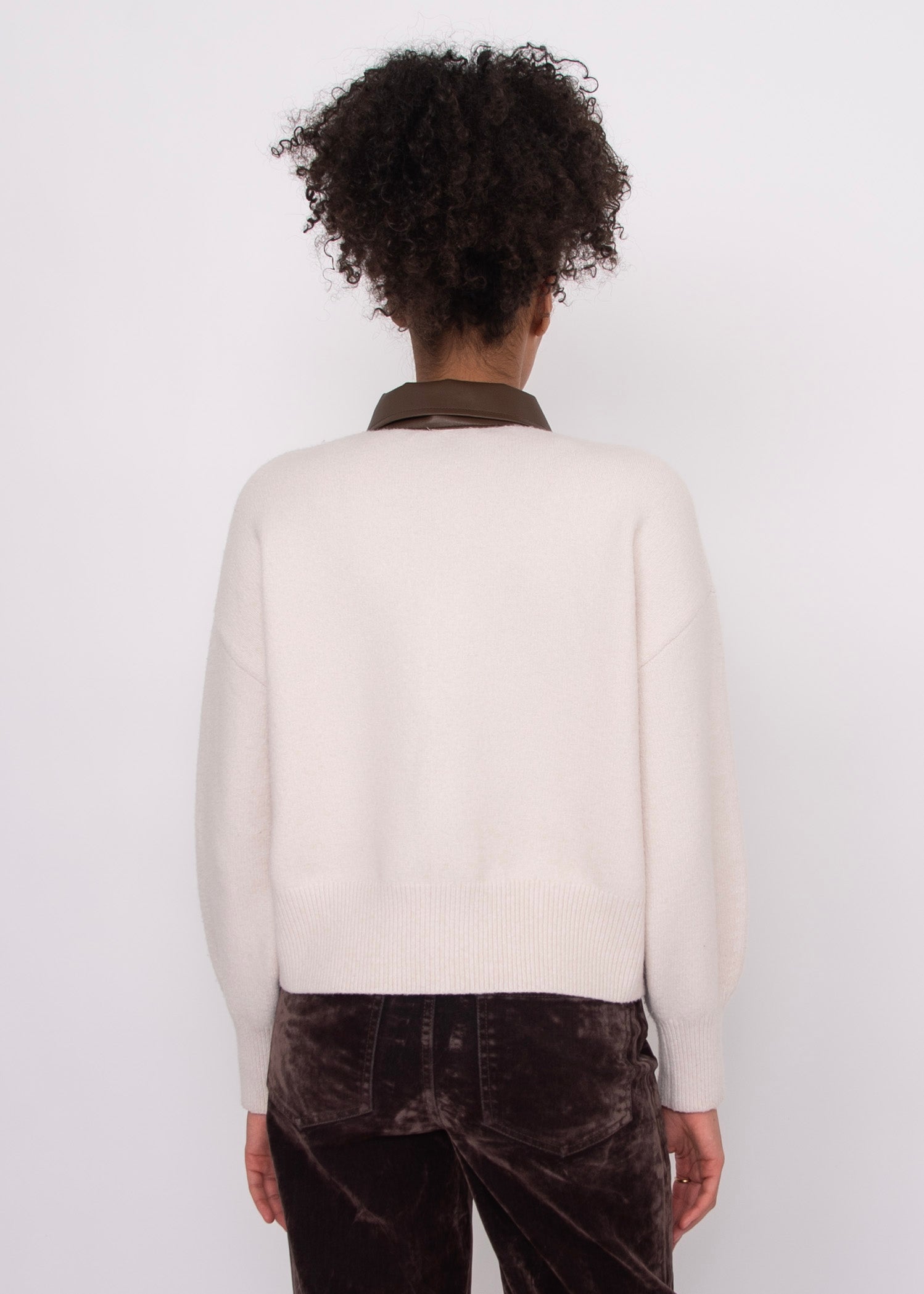 Oia Leather Collar Zip Up Sweater Cloud Cream