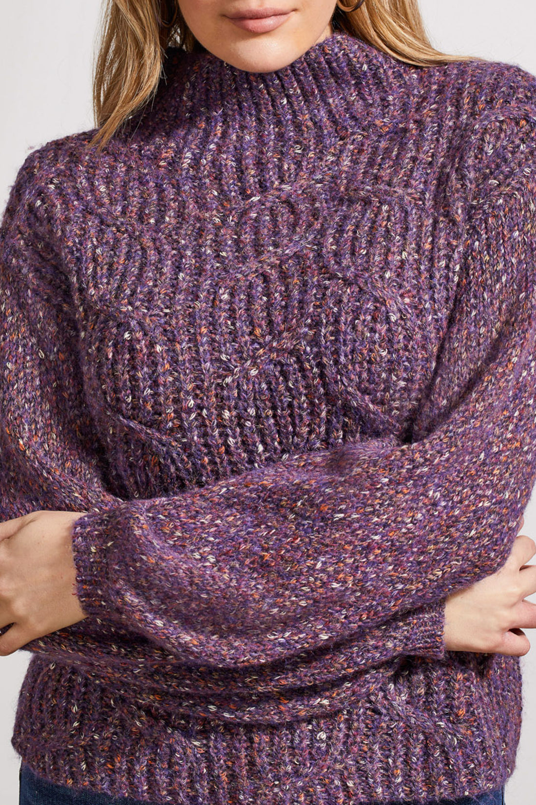 Funnel Neck Oversize Cable Knit Confetti Sweater Raisin