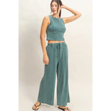 Mineral Washed Tank Wide Leg Pants Set Dark Teal