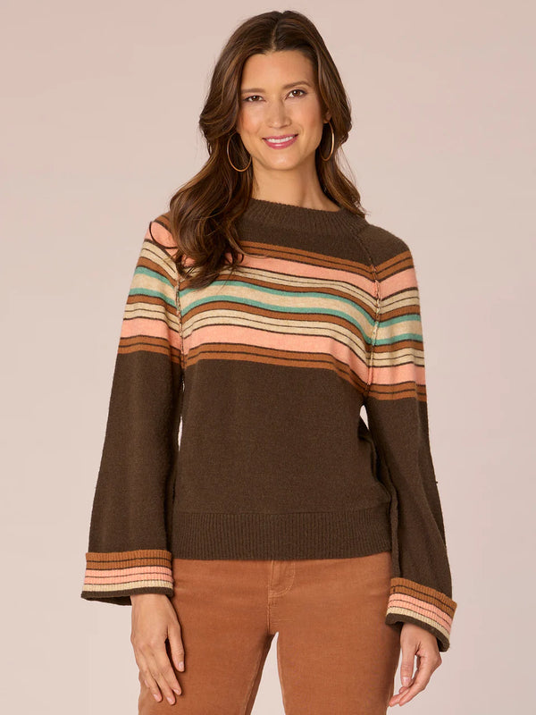 Cuffed Long Sleeve Stripe Mock Neck Sweater Brown Guava Multi