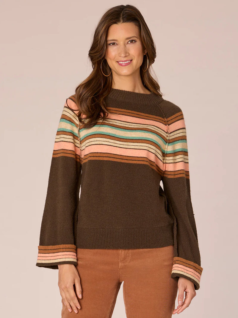 Cuffed Long Sleeve Stripe Mock Neck Sweater Brown Guava Multi