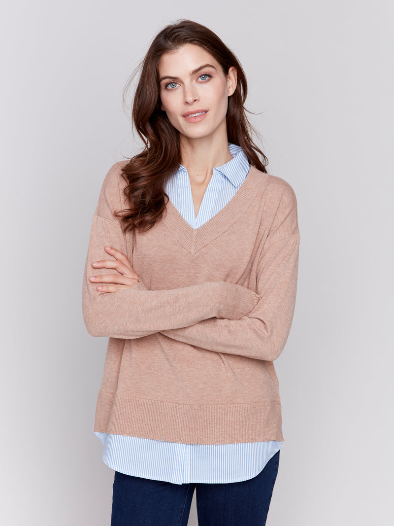 Shirt Collar Layer 2Fer Vneck Sweater Heather Caramel