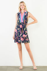 Sleeveless Floral Pattern Dress Navy