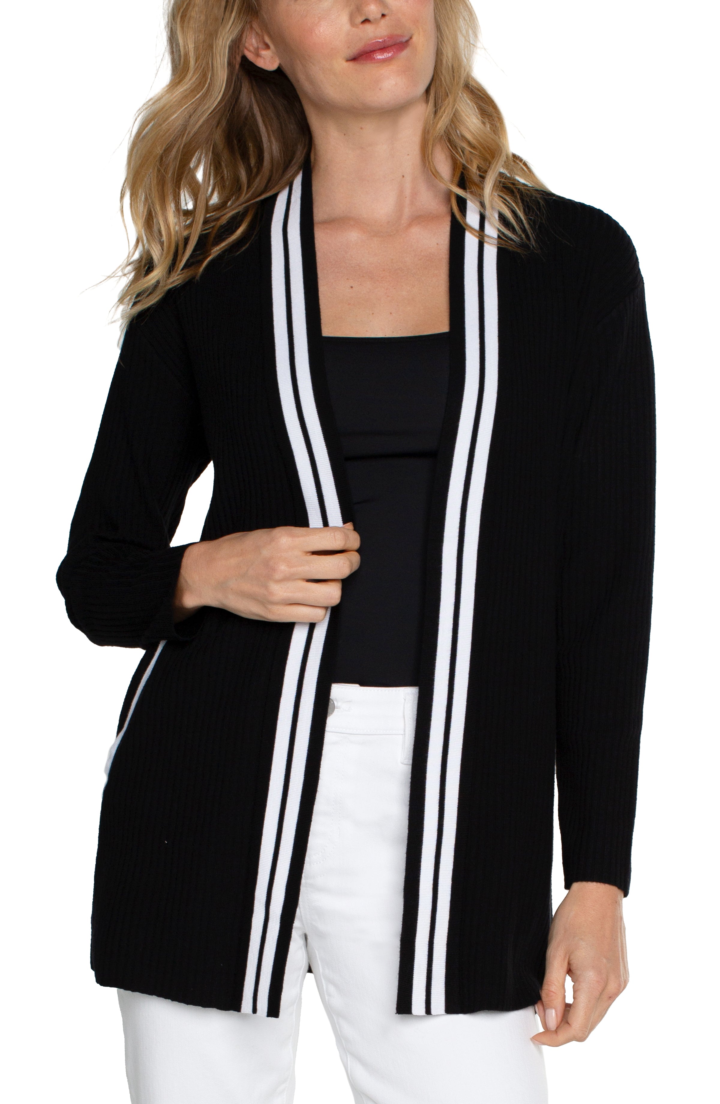 Open Front Stripe Detail Cardigan Black + White