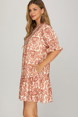 Damask Boho Print Ruffle Detail Dress Rose