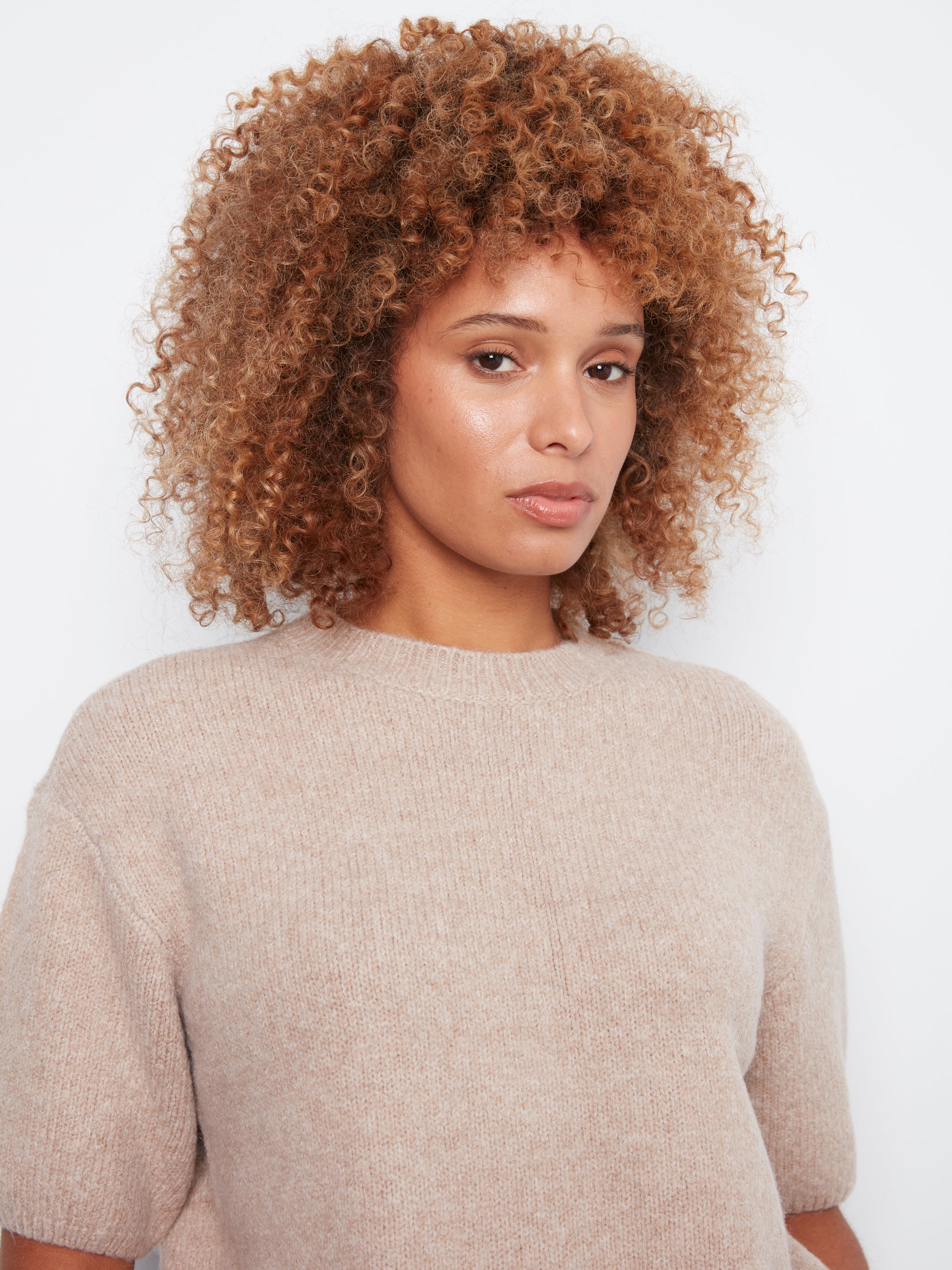 Solid Elbow Sleeve Balloon Shape Sweater Heather Latte