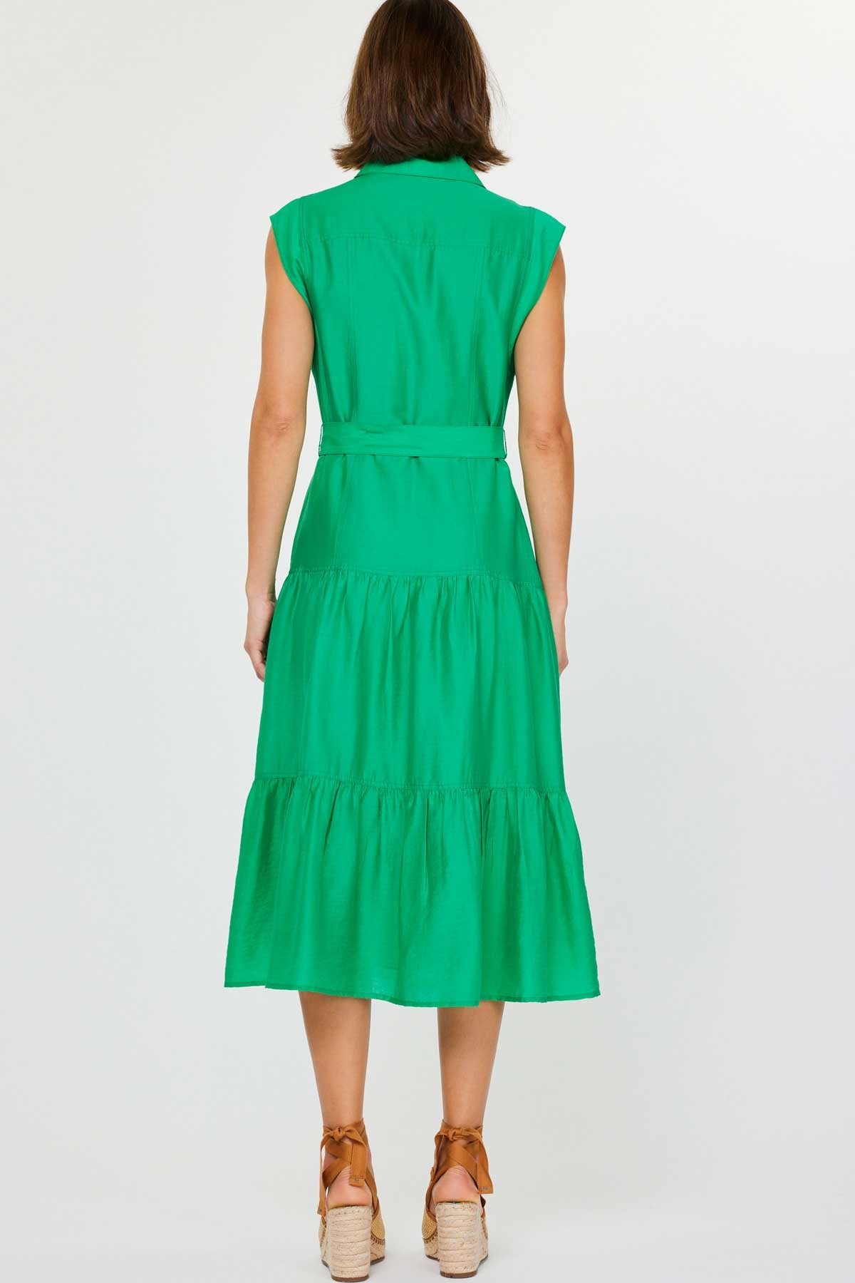 Button Down Tiered Midi Dress Green