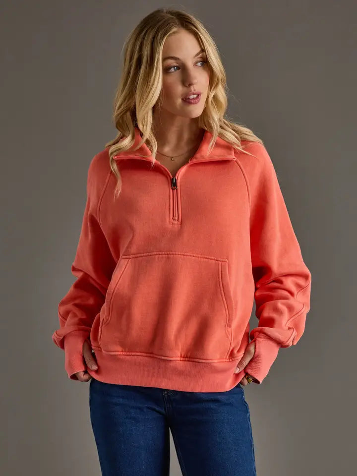 Cropped Funnel Neck 1/4 Zip Sweatshirt Coral