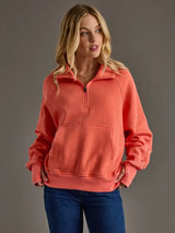 Cropped Funnel Neck 1/4 Zip Sweatshirt Coral