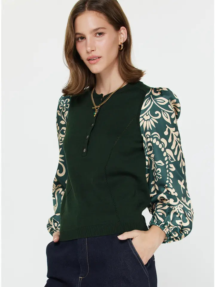 Printed Satin Sleeve Button Detail Mix Media Top Teal Multi