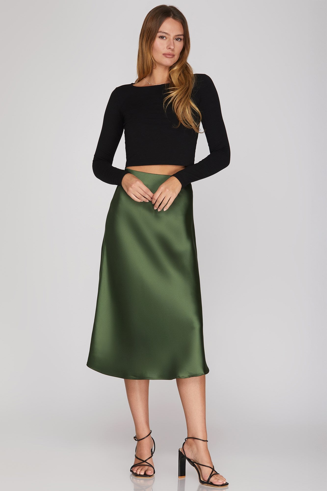 Satin Elastic Waist Midi Skirt Olive
