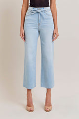 Ella Tie Waist High Rise Wide Straight Jeans Light Blue