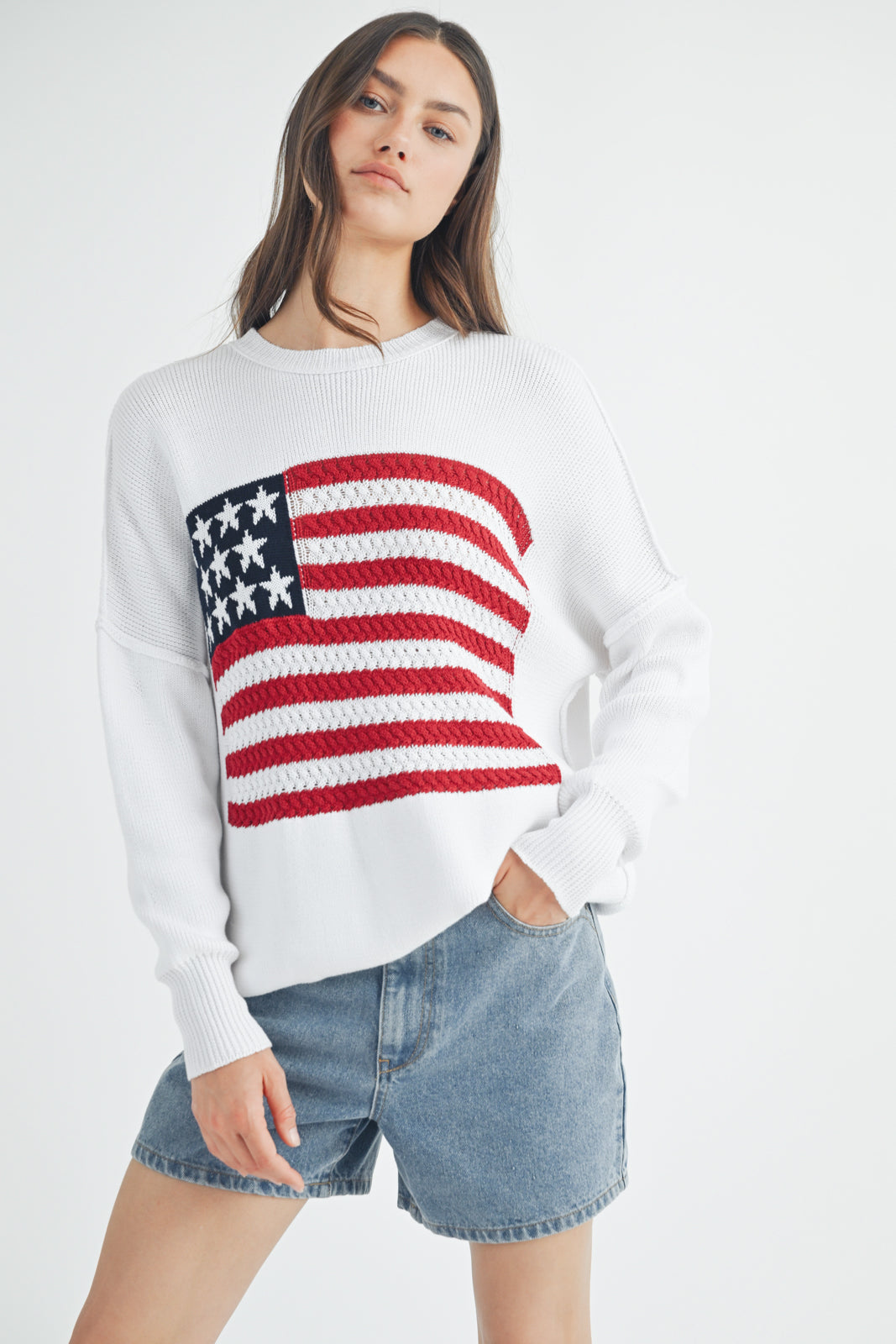 American Flag Drop Shoulder Sweater Off White