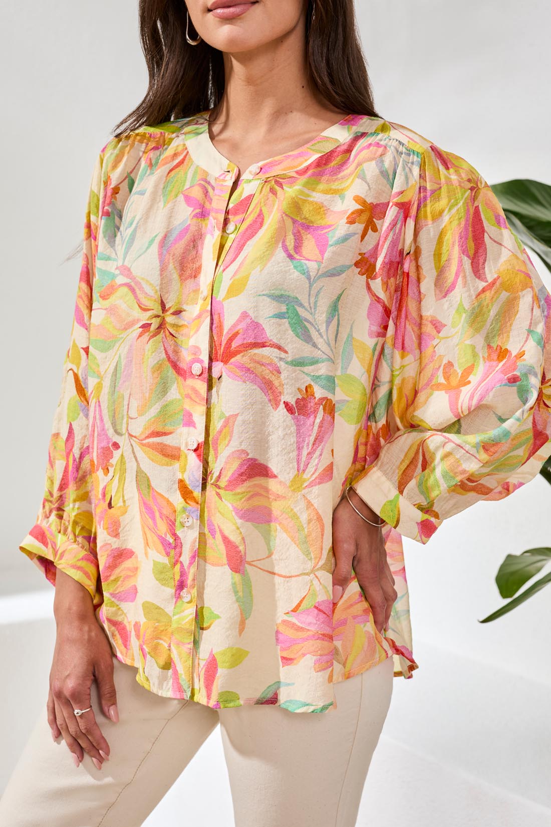 Printed Dolman Sleeve Button Down Blouse Rose Silk
