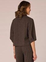 Pleated Detail Elbow Sleeve Mock Neck Top Brown