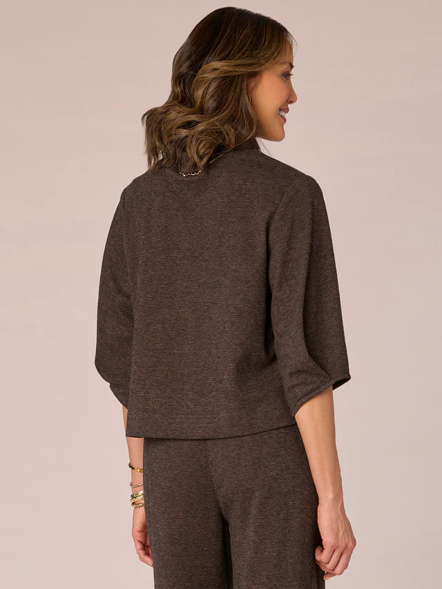 Pleated Detail Elbow Sleeve Mock Neck Top Brown