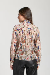 Printed Ruffle Half Placket Blouse Floral Antique White