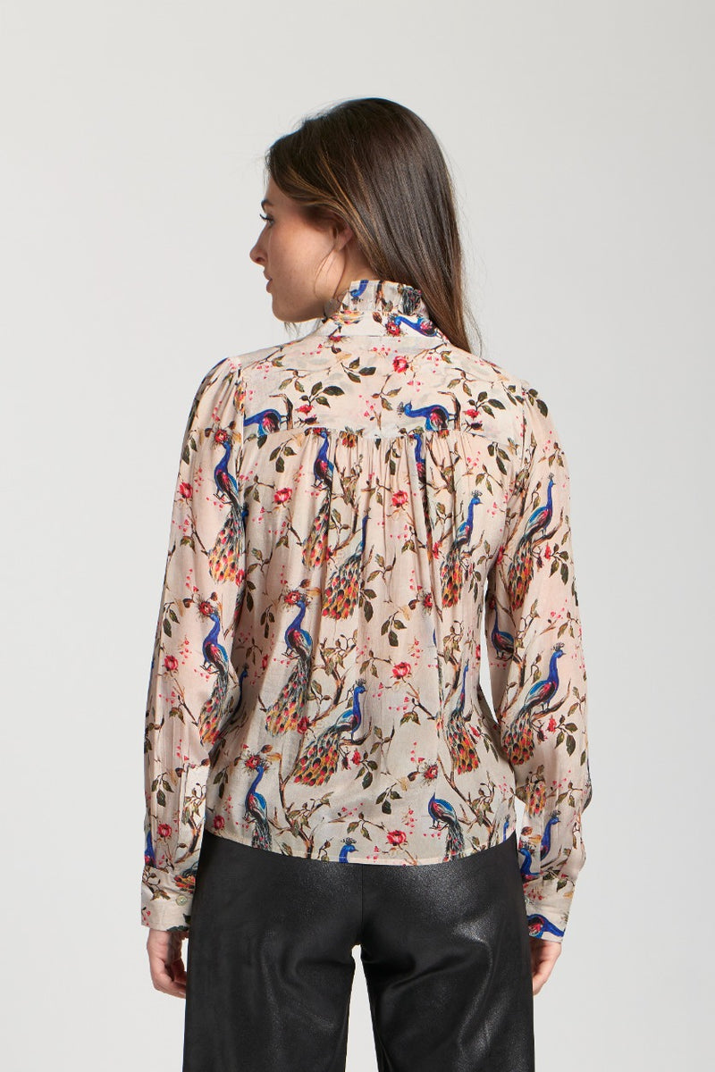 Printed Ruffle Half Placket Blouse Floral Antique White