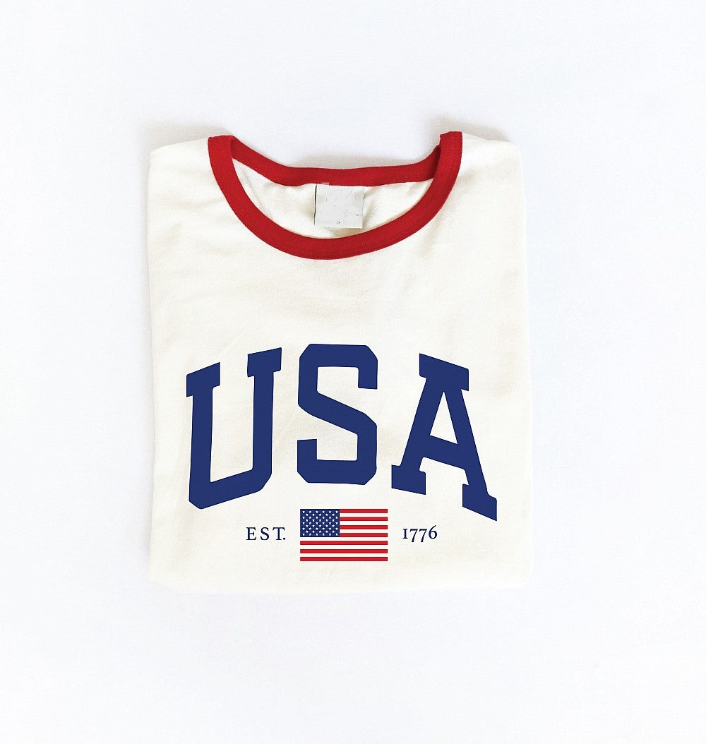 USA Est. 1776 Flag Ringer Tee Natural + Red