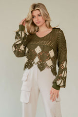 Crochet V Neck Long Sleeve Knit Top Olive