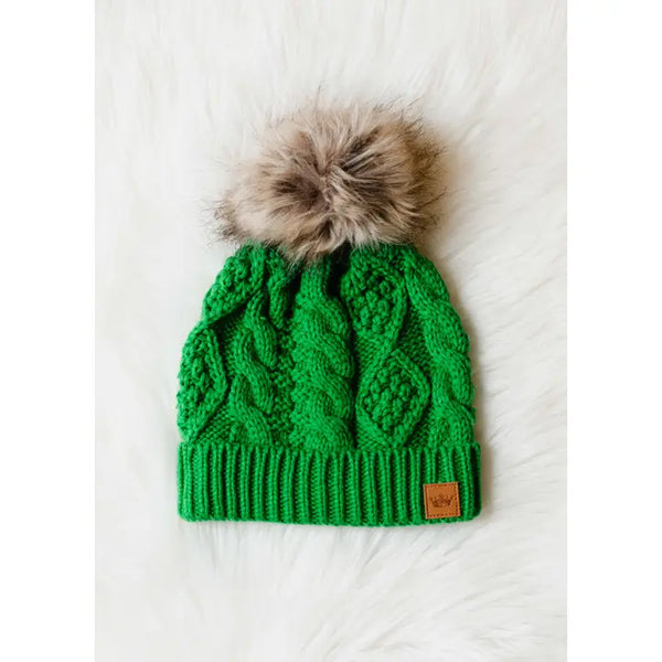 Cable Knit Natural Pom Hat Bright Green