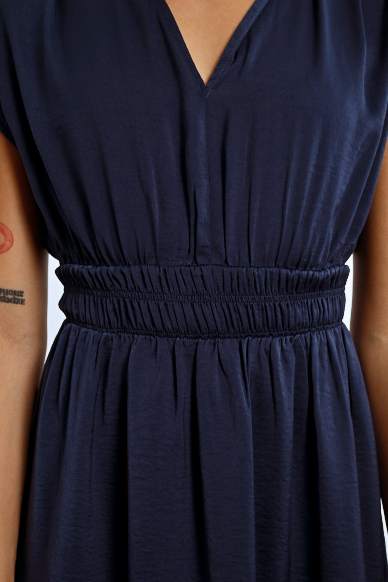 Collared Vneck Smock Waist Mini Dress Navy Blue