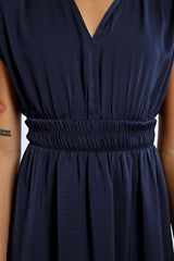 Collared Vneck Smock Waist Mini Dress Navy Blue