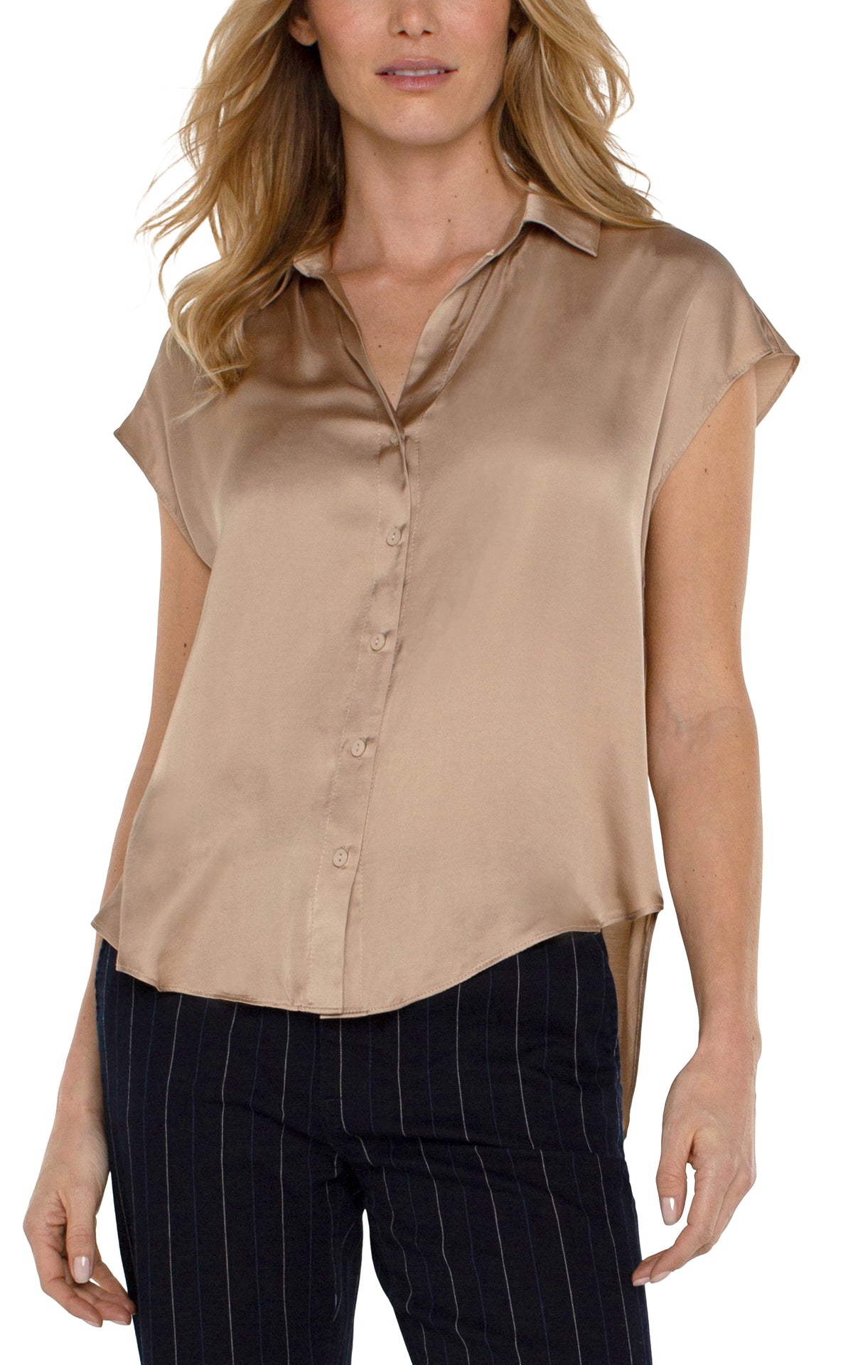 Dolman Sleeve Collared Button Down Blouse Champagne