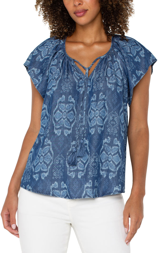 Front Tie Flutter Sleeve Woven Top Tribal Allover